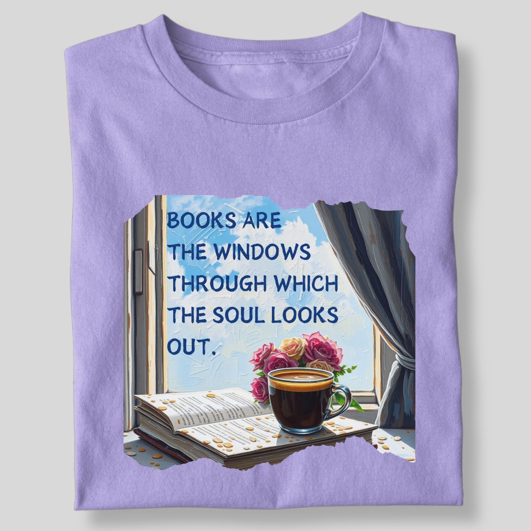 BOOKS ARE THE WINDOW WITH COFFEE AND FLOWER