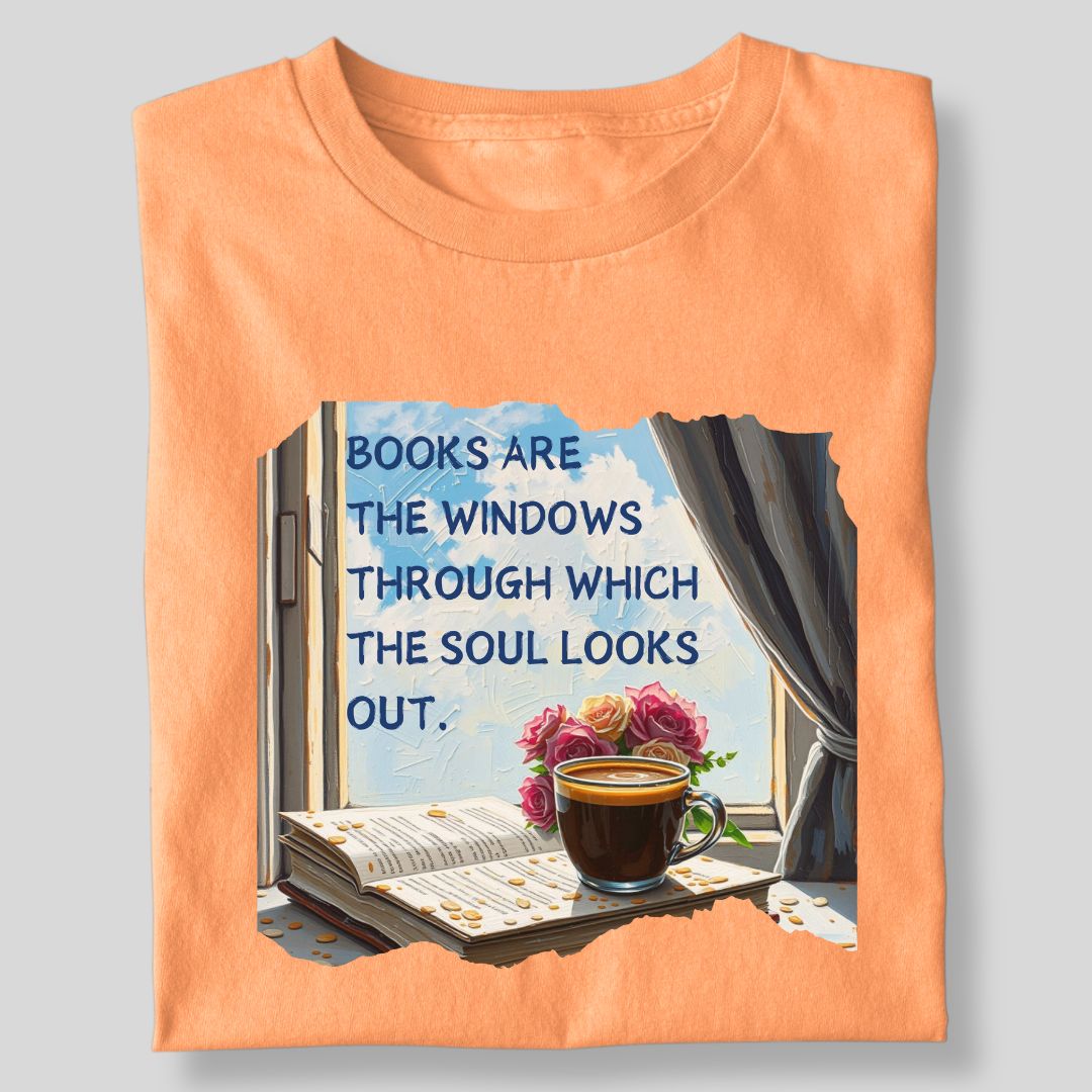 BOOKS ARE THE WINDOW WITH COFFEE AND FLOWER