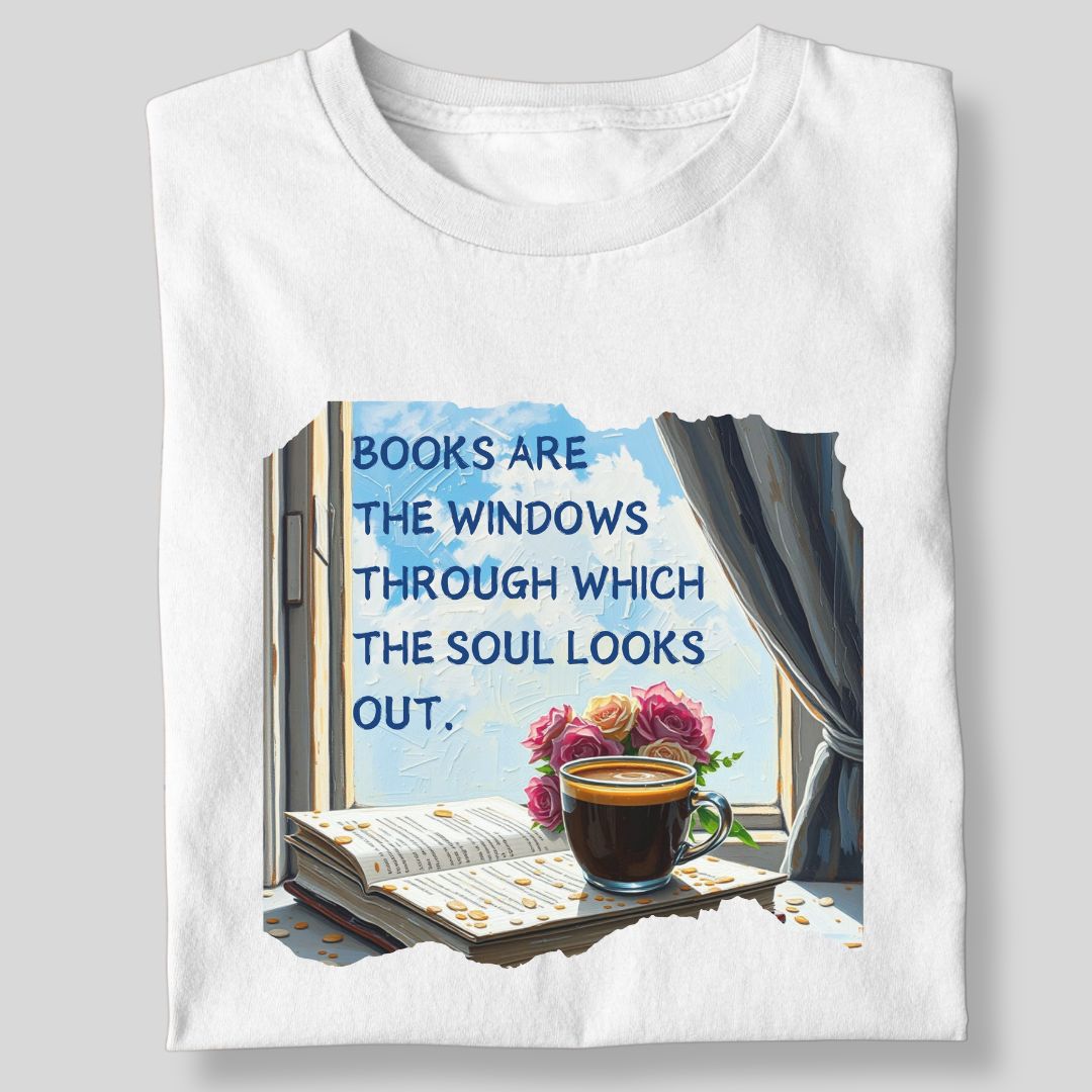 BOOKS ARE THE WINDOW WITH COFFEE AND FLOWER